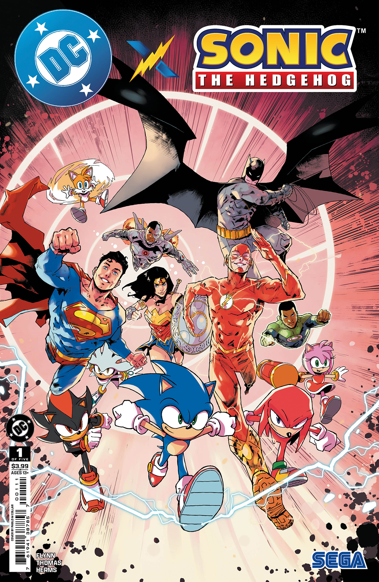 The Justice League leaping into action alongside Sonic and his friends