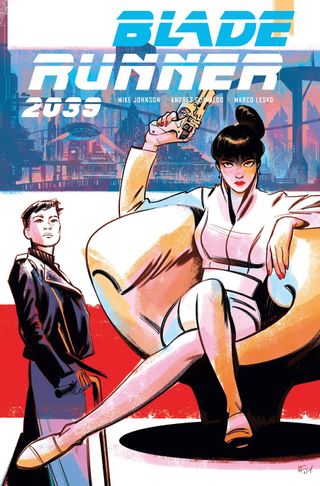 Blade Runner 2039 cover with woman in chair holding a gun