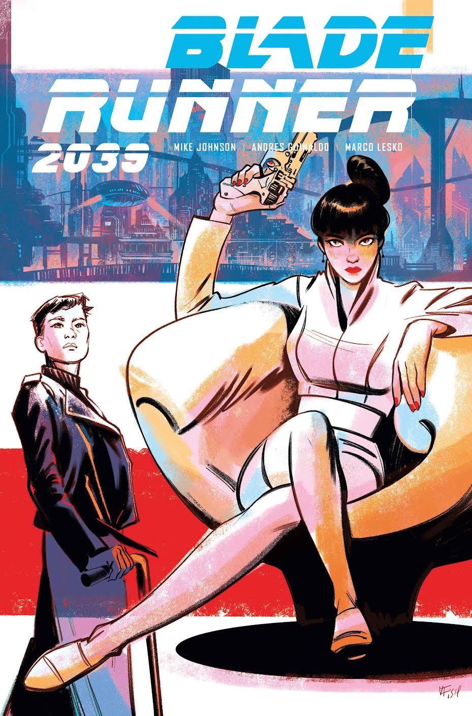 Blade Runner 2039 cover with woman in chair holding a gun. 