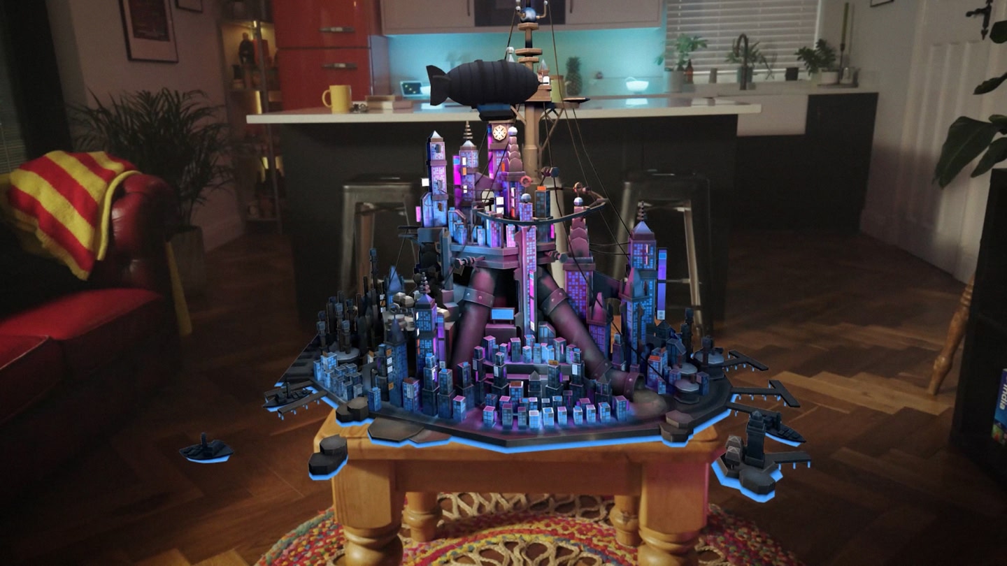 A mixed reality screenshot of turn-based strategy game Augmented Empire running on a Meta Quest 3