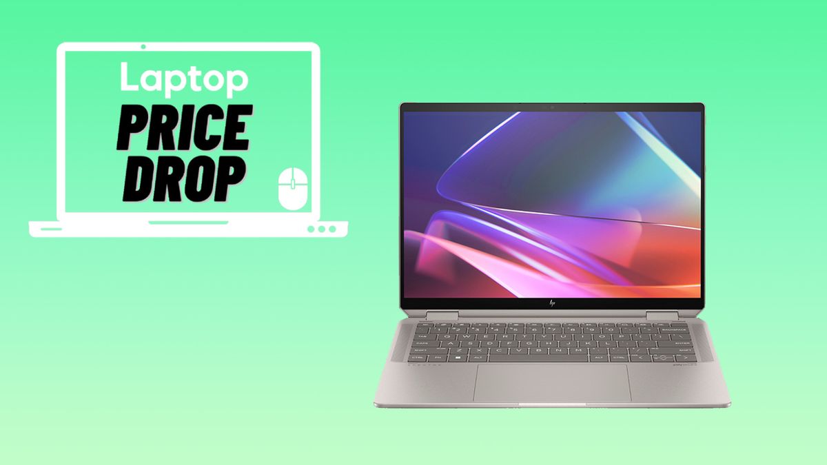 HP Spectre x360 14 2024 on a gradient green background with a Laptop &quot;Price Drop&quot; badge next to it