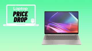 HP Spectre x360 14 2024 on a gradient green background with a Laptop &quot;Price Drop&quot; badge next to it