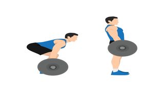 Vector of man performing a barbell deadlift in two stages against a white background