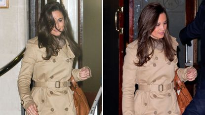 Composite of two pictures of Pippa Middleton wearing a beige trench coat as she left the King Edward VII Hospital after visiting Catherine, Princess of Wales in 2012