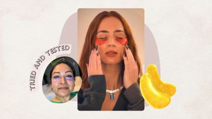 still of Emily Blunt wearing the Grace & Stella eye masks in The Devil wears Prada 2, with a headshot of Aleesha Badkar wearing them in the corner