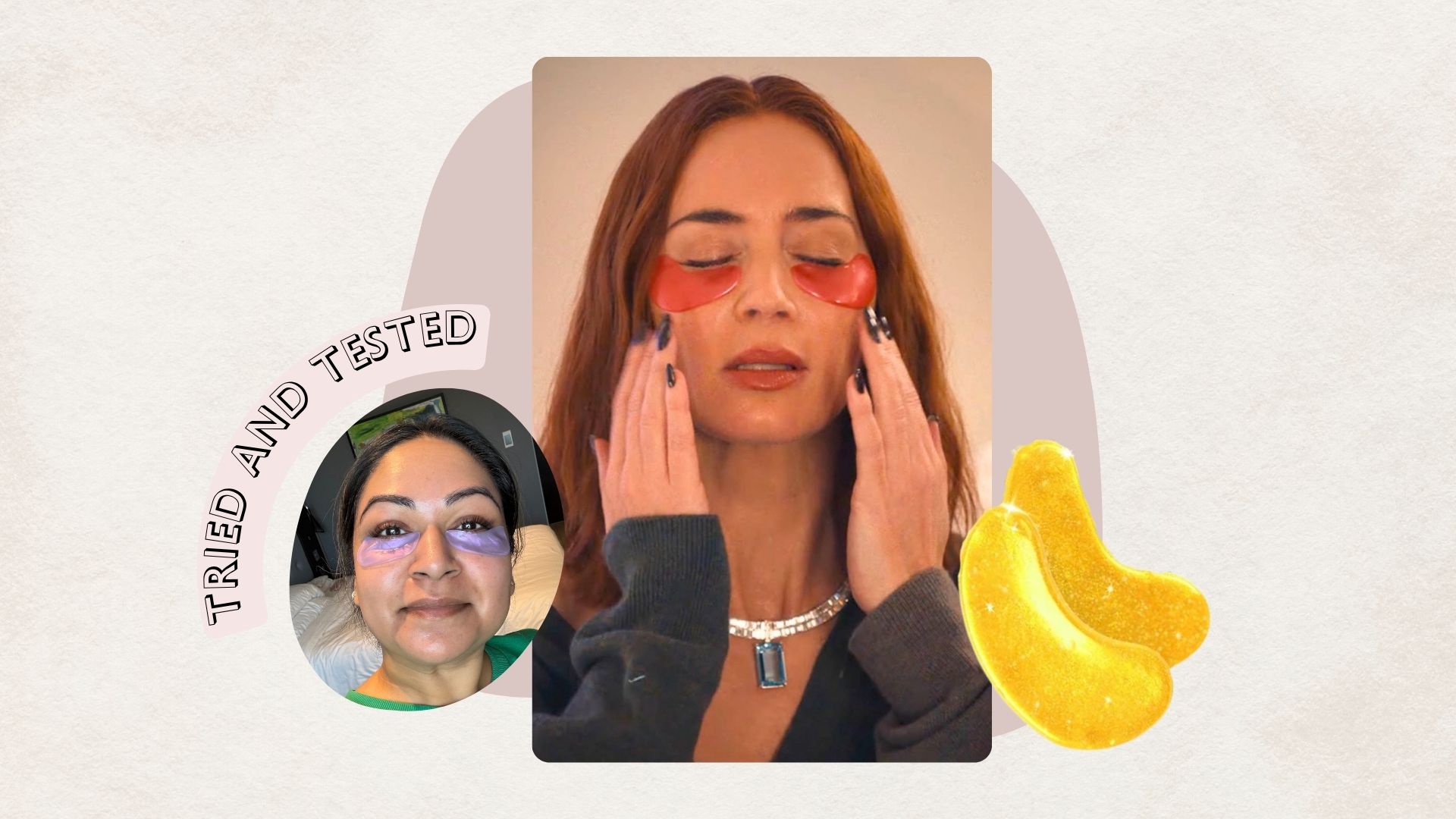 still of Emily Blunt wearing the Grace &amp; Stella eye masks in The Devil wears Prada 2, with a headshot of Aleesha Badkar wearing them in the corner