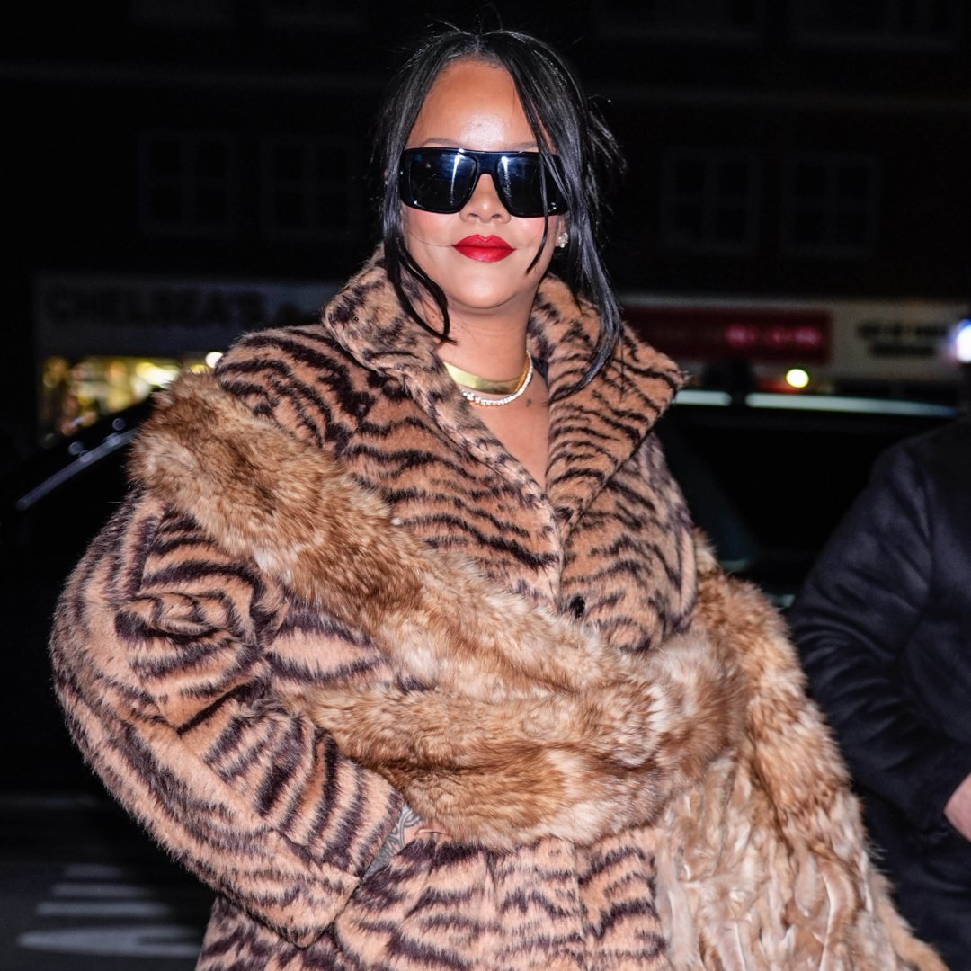 Rihanna approved the tiger print trend in a fur coat and matching ankle-strap pumps