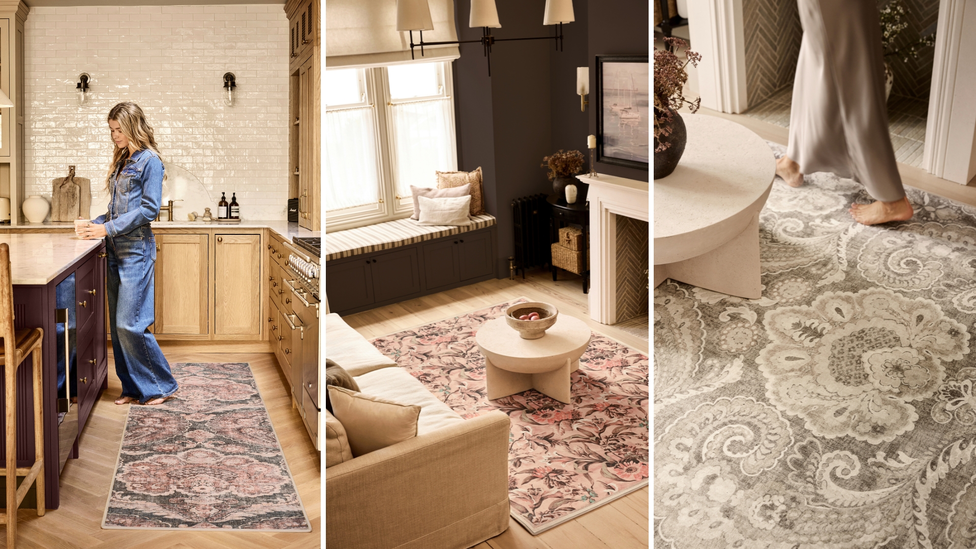 Three images of rugs in the Hug Rug x Graham &amp; Brown Rug Collection in luxury homes