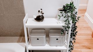 clean and tidy bathroom with storage boxes