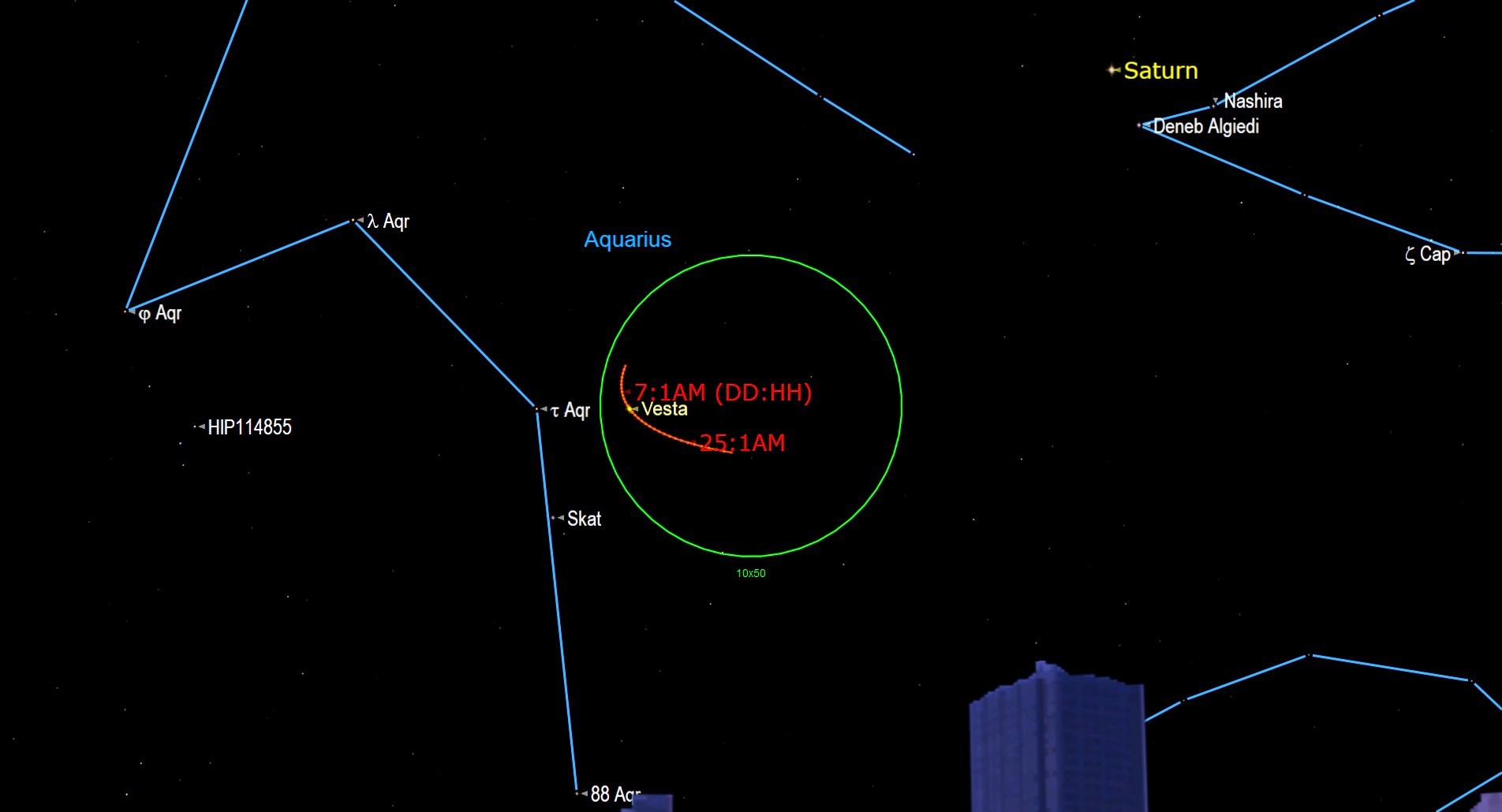 Graphic illustrating Vesta changing course.