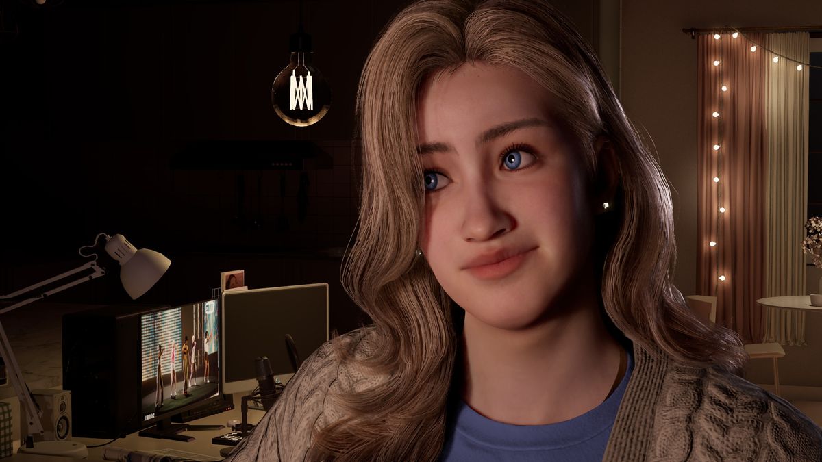 Inzoi - A Zoi with blonde hair and blue eyes wears a cardigan and smiles in a gaming room