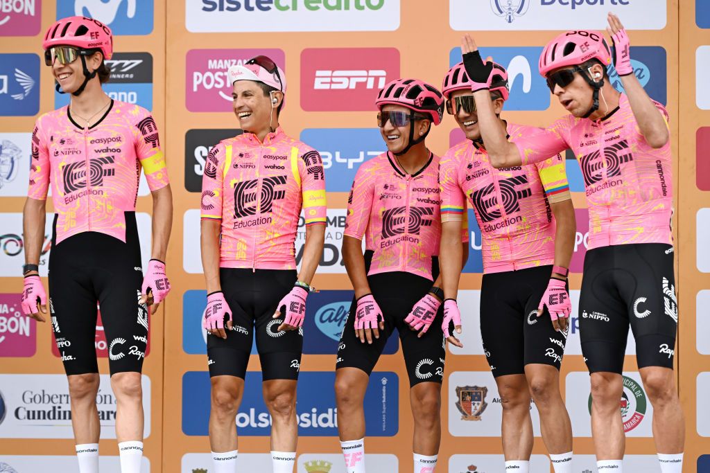 PAIPA COLOMBIA FEBRUARY 06 Rigoberto Uran of Colombia Richard Carapaz of Ecuador Jefferson Alexander Cepeda of Ecuador Esteban Chaves of Colombia Andrea Piccolo of Italy and Team EF Education EasyPost prior to the 4th Tour Colombia 2024 Stage 1 a 1686km stage from Paipa to Santa Rosa de Viterbo 2751m on February 06 2024 in Paipa Colombia Photo by Maximiliano BlancoGetty Images