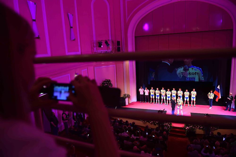 Tinkoff-Saxo on stage at the Giro d'Italia presentation