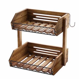 Nutuni Fruit Basket for Kitchen, 2 Tier Fruit Bowl With Banana Hanger, Acacia Wooden Kitchen Counter, Fruit and Vegetable Storage for Potato, Onion, Bread and Snack(self-Assembly)