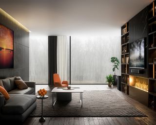 Modern living room with fireplace and soundbar