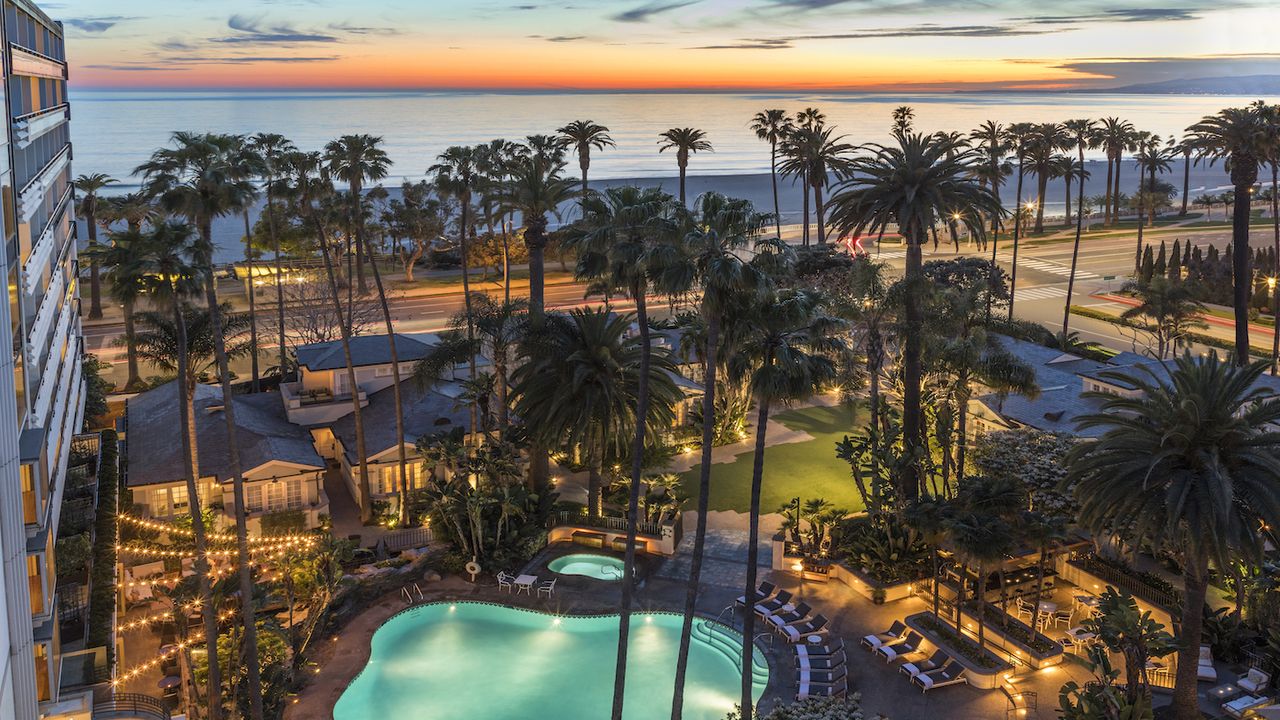 roof top sunset at the Fairmont Miramar Beach hotel in Santa Monica, CA