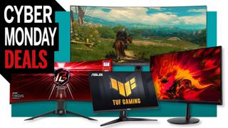 Various gaming monitors on a colored background, with a Cyber Monday deals logo