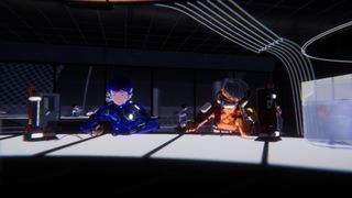 Two clones sit at a bar, one wearing blue, the other orange