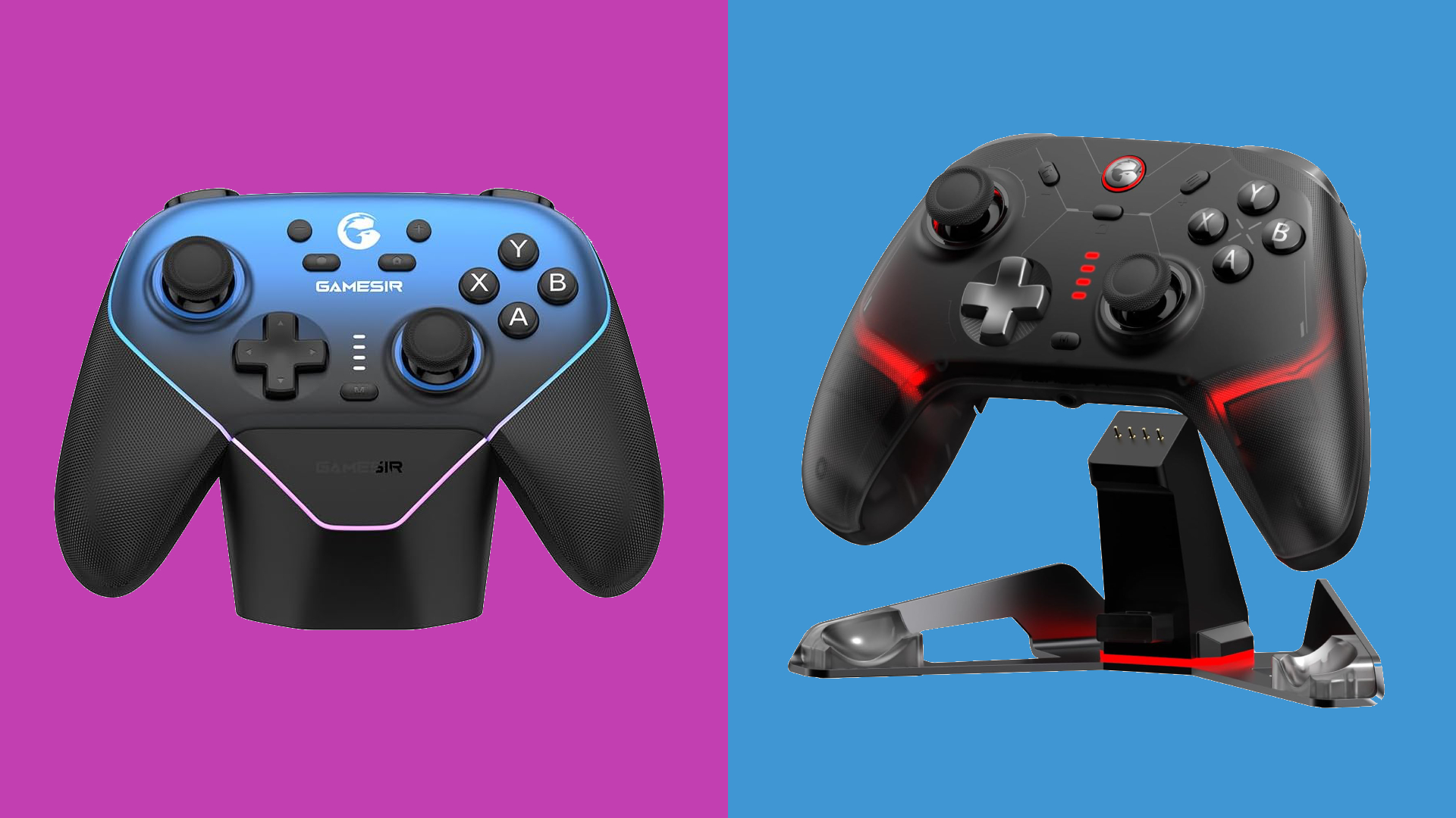 GameSir Super Nova and GameSir Cyclone 2 side by side, with blue and pink background