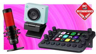 Prime Day 2025 streaming gear sale: From left to write, a HyperX QuadCast mic, an Obsbot Meet 2 webcam, and a Razer Stream Controller against a spiral pink background with a "PC Gamer Recommended" badge in the top left corner.