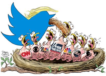 Political cartoon U.S. Trump tweets media fake news