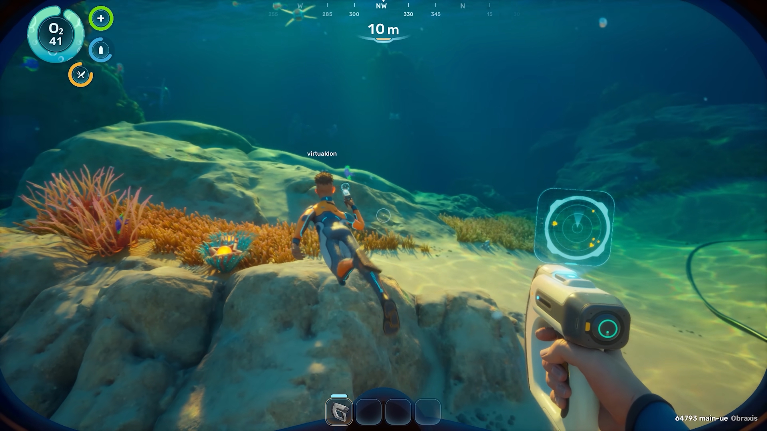 A Subnautica 2 screenshot showing a second player character on screen, so that's visual confirmation co-op is coming to the survival-crafting game.