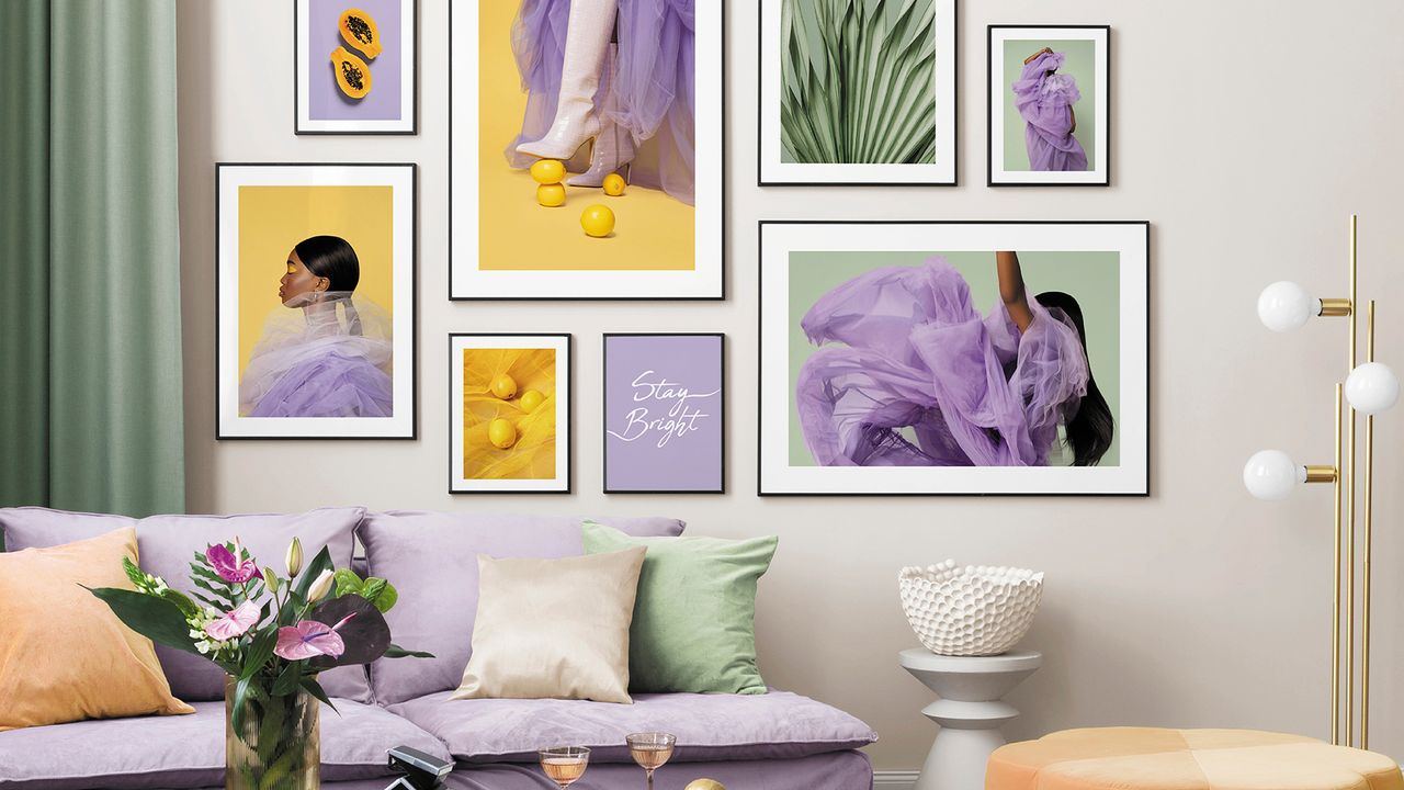 Color pop gallery wall in lilac, mint and lemon palette