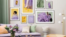 Color pop gallery wall in lilac, mint and lemon palette