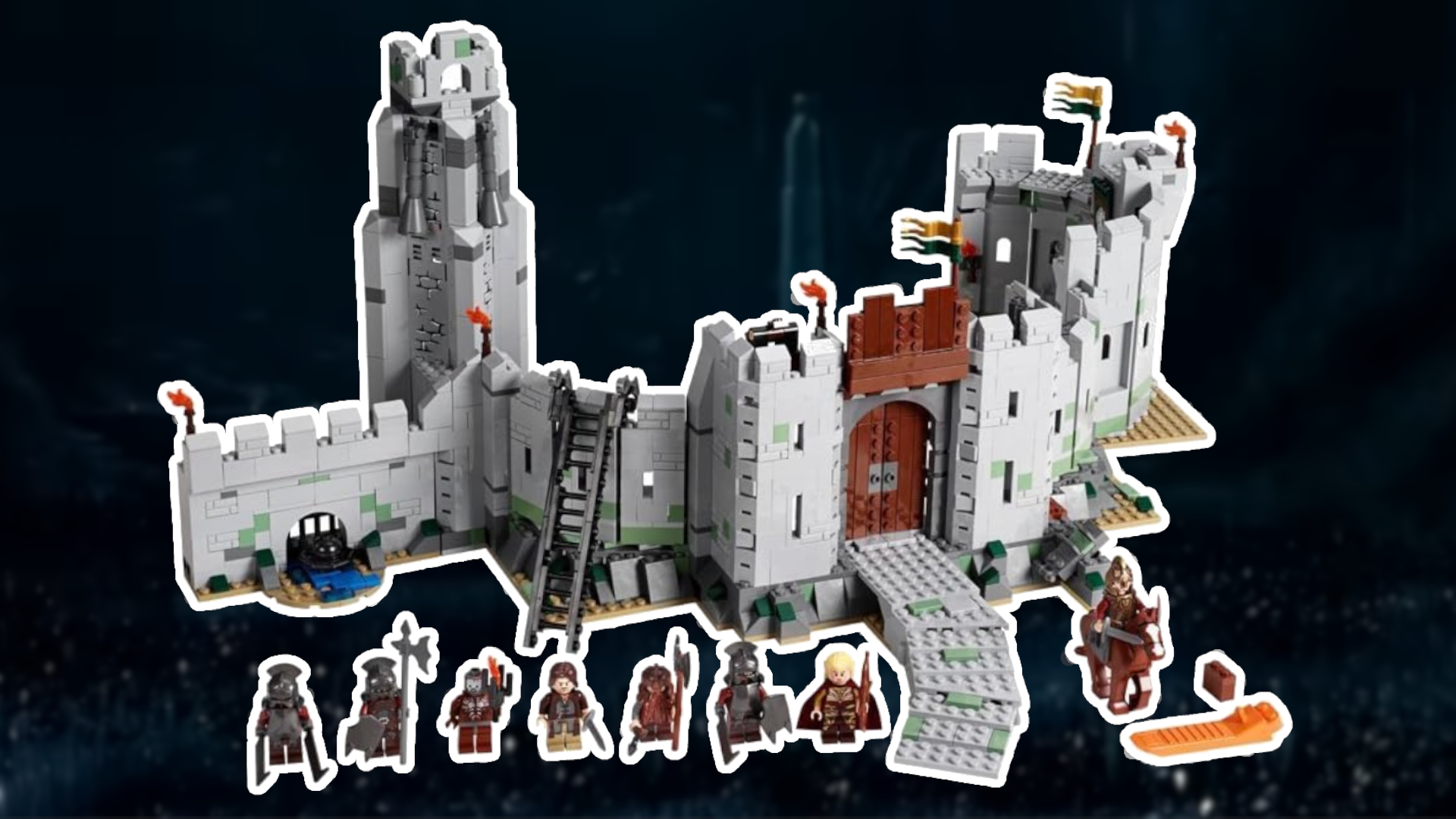 The old Battle of Helm's Deep Lego set against a dark screenshot of the fortress from the Two Towers movie