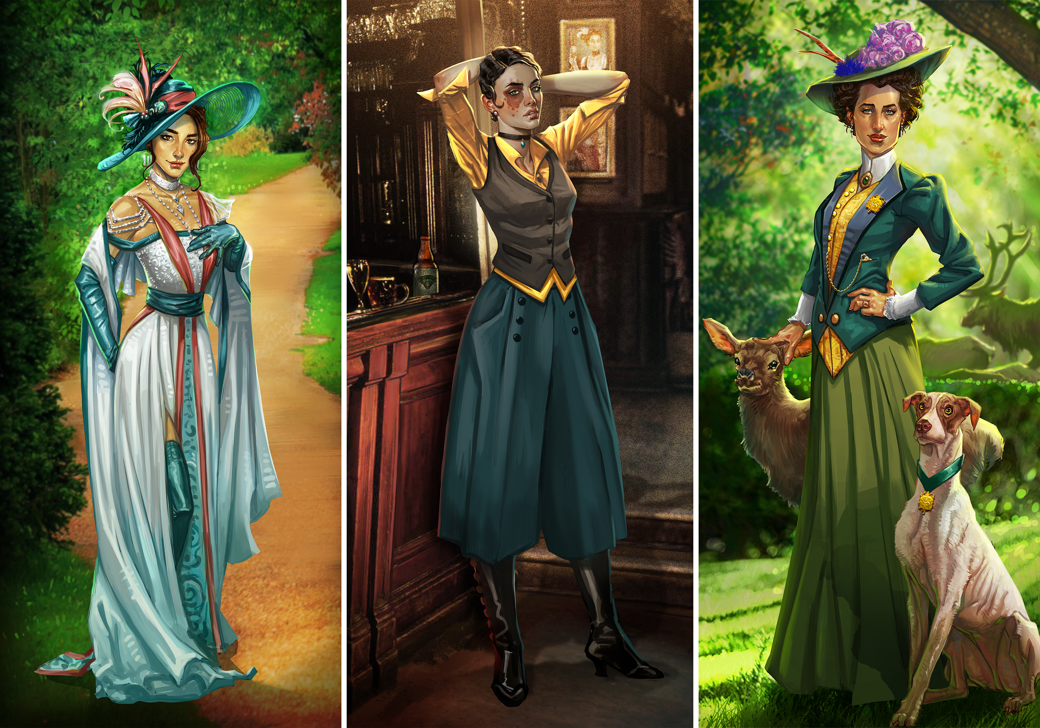 Our Brilliant Ruin; three female characters dressed in Edwardian clothes