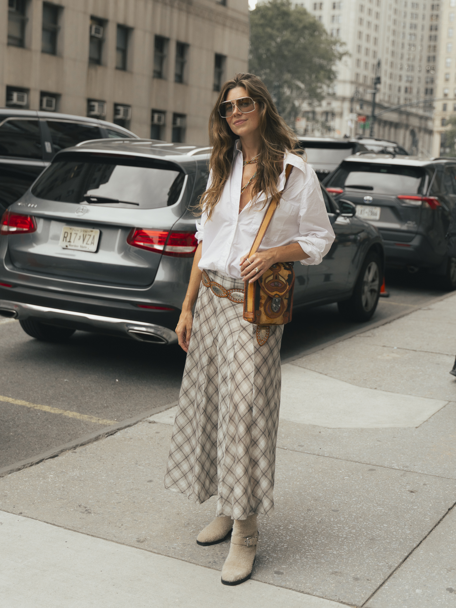 A guest wore the statement skirt trend at New York Fashion Week 2026