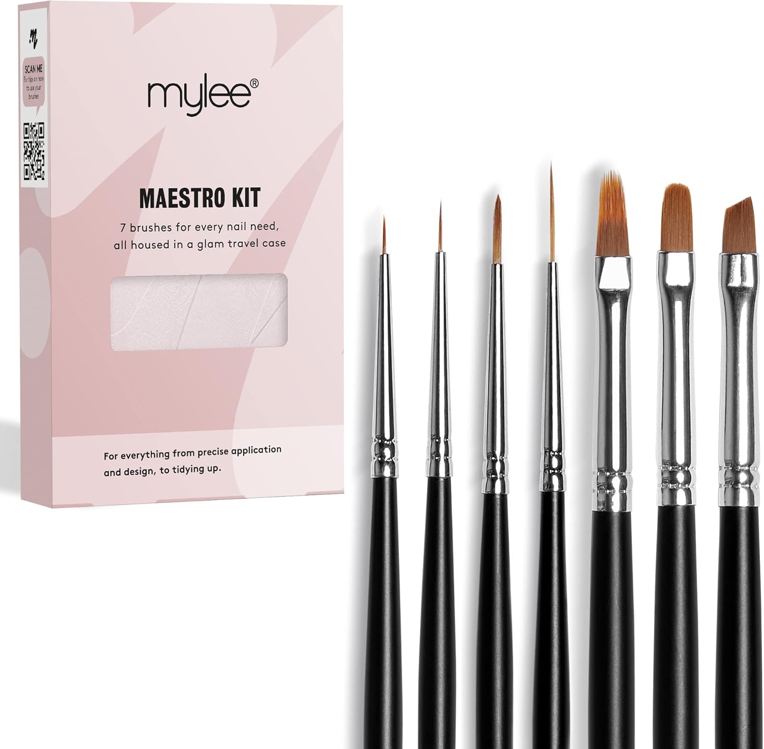 Mylee Maestro Nail Brush Kit, 7x Brushes Design for Gel Nail Art &amp;amp; Polish Application, Oval, Angled, Ombre, Fine, Professional Quality Manicure Painting Tool, Liner Drawing Pen, for Home &amp;amp; Salon Use