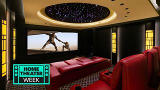 Home theater space with red seating and screen showing Dune 2