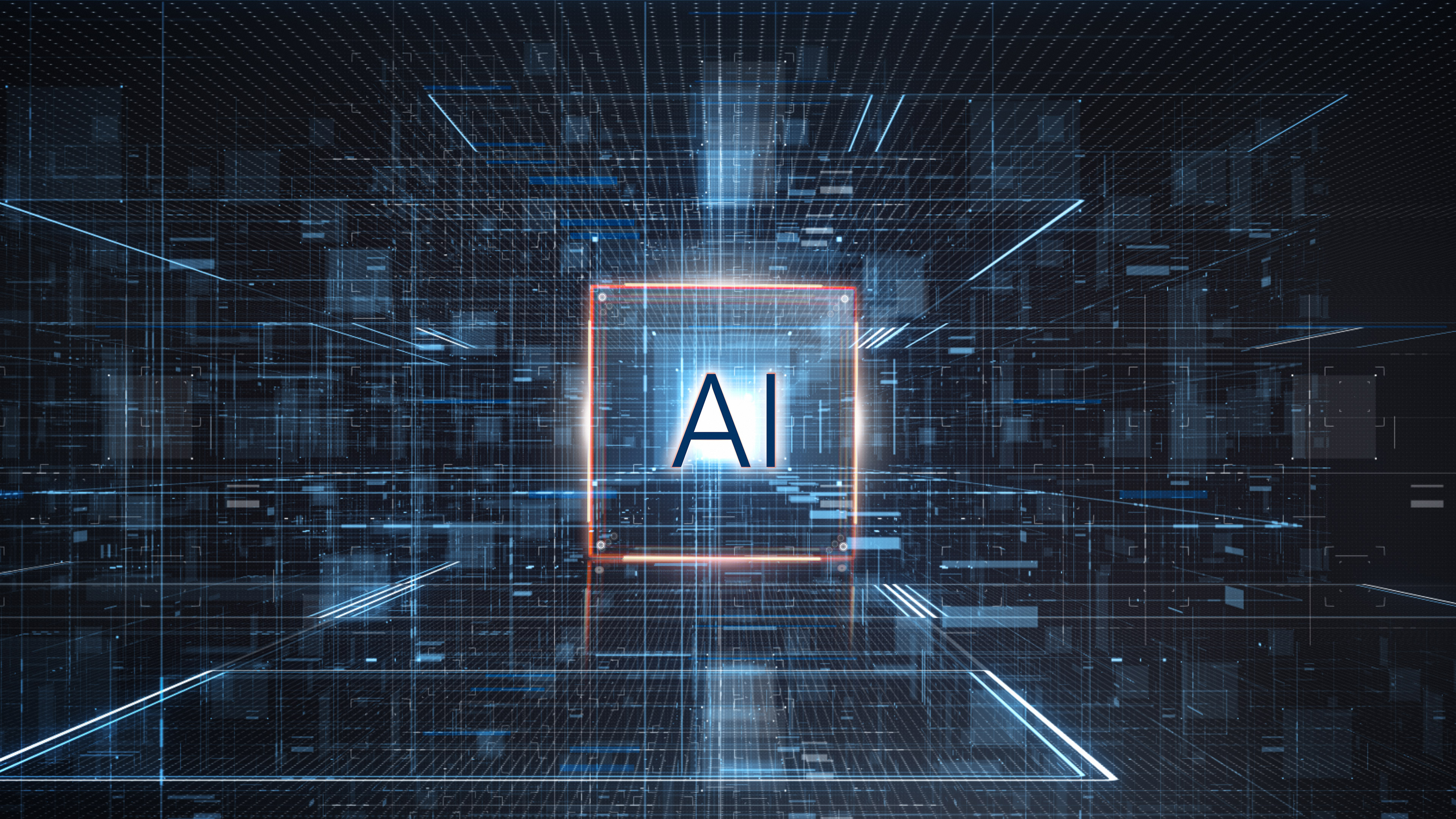 The letters AI in a box in the middle of a vast digital room divided by beams of line