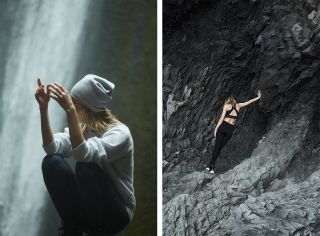 2 pictures of women wearing yoga clothing with a rocky background