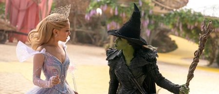 From left to right: Glinda looking at Elphaba as they fight in Wicked: For Good. 