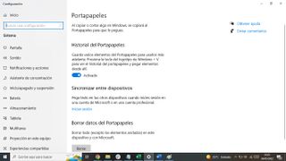 Menú de configuración de Windows 10 para activar la función de historial del portapapeles