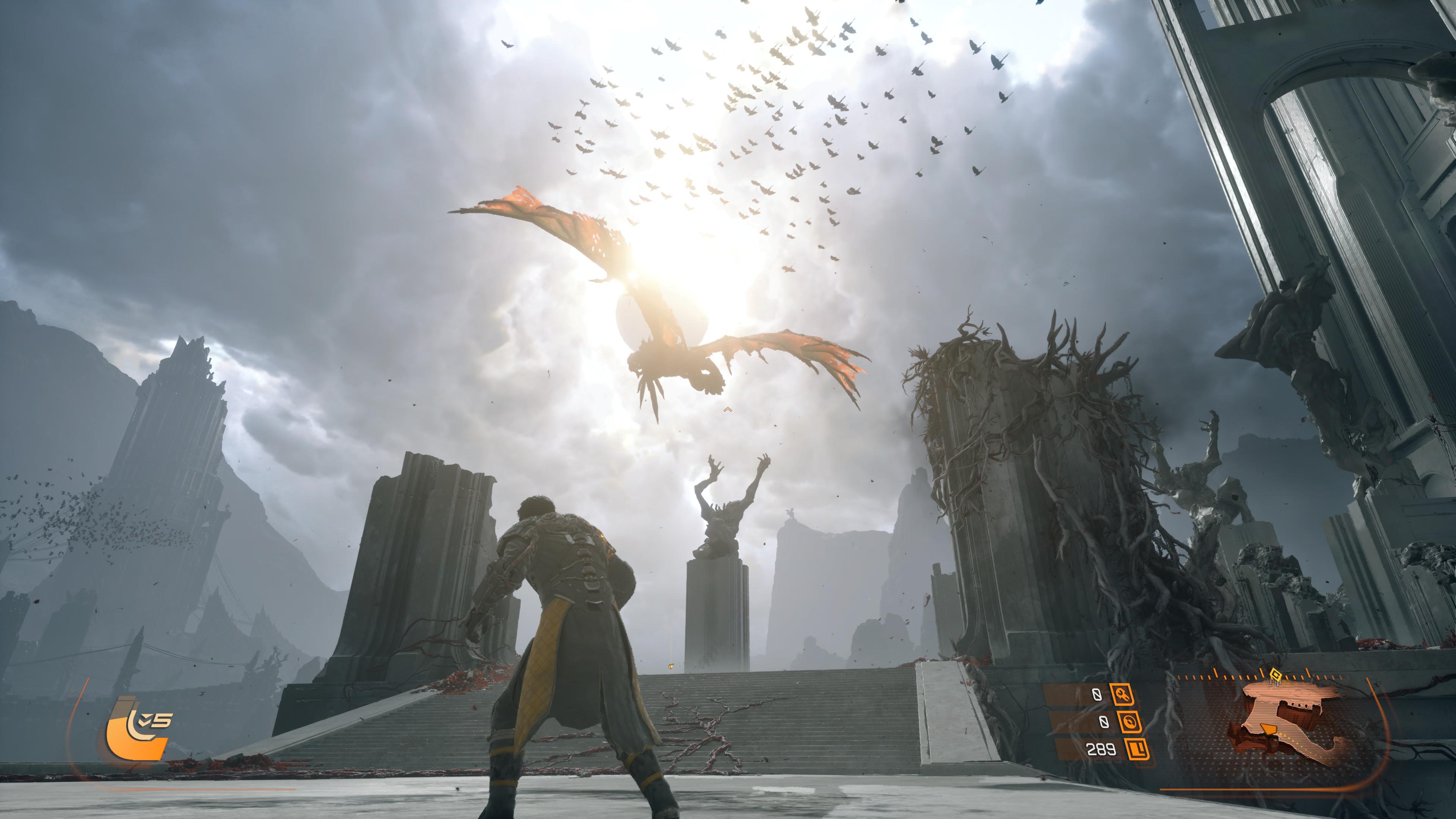 Saros gameplay showing a flying beast hover over multiple statues of hands