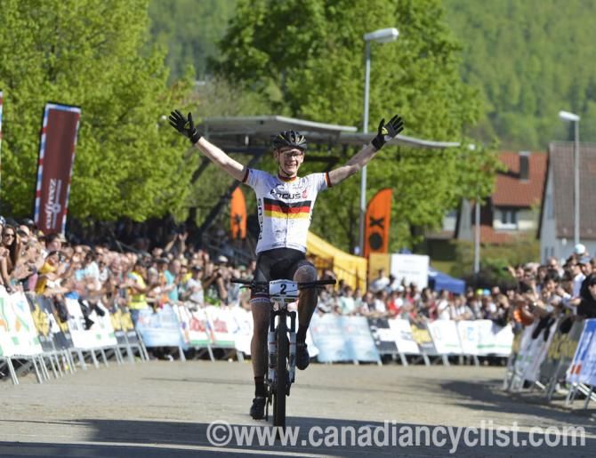 Markus Schulte-Luenzum wins the U23 men's cross country race at the Albstadt World Cup