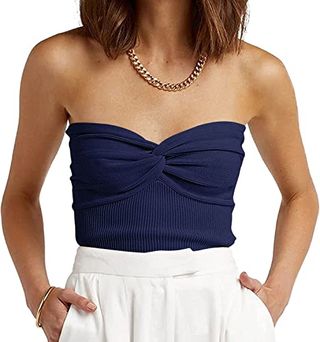 Efan Womens Tube Tops Crop Tops Summer Sweaters Vest 2024 Outfits Vacation Twist Knot Front Knit Bandeau Strapless Sleeveless Backless Cute Y2k Clothing Navy Blue