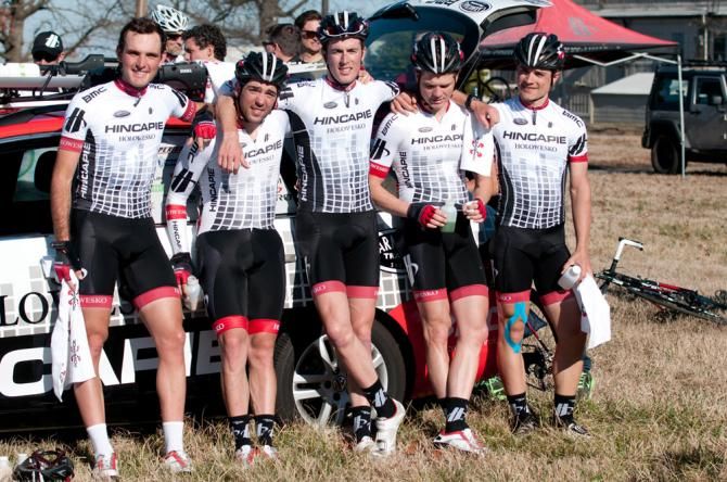 The Hincapie Sportswear Development Team swept the first five places of their first race of the year at the Greenville Spring Training Series. (L-R) Joey Rosskopf, Ty Magner, Blair Turner, Oscar Clark (winner) and Robin Carpenter