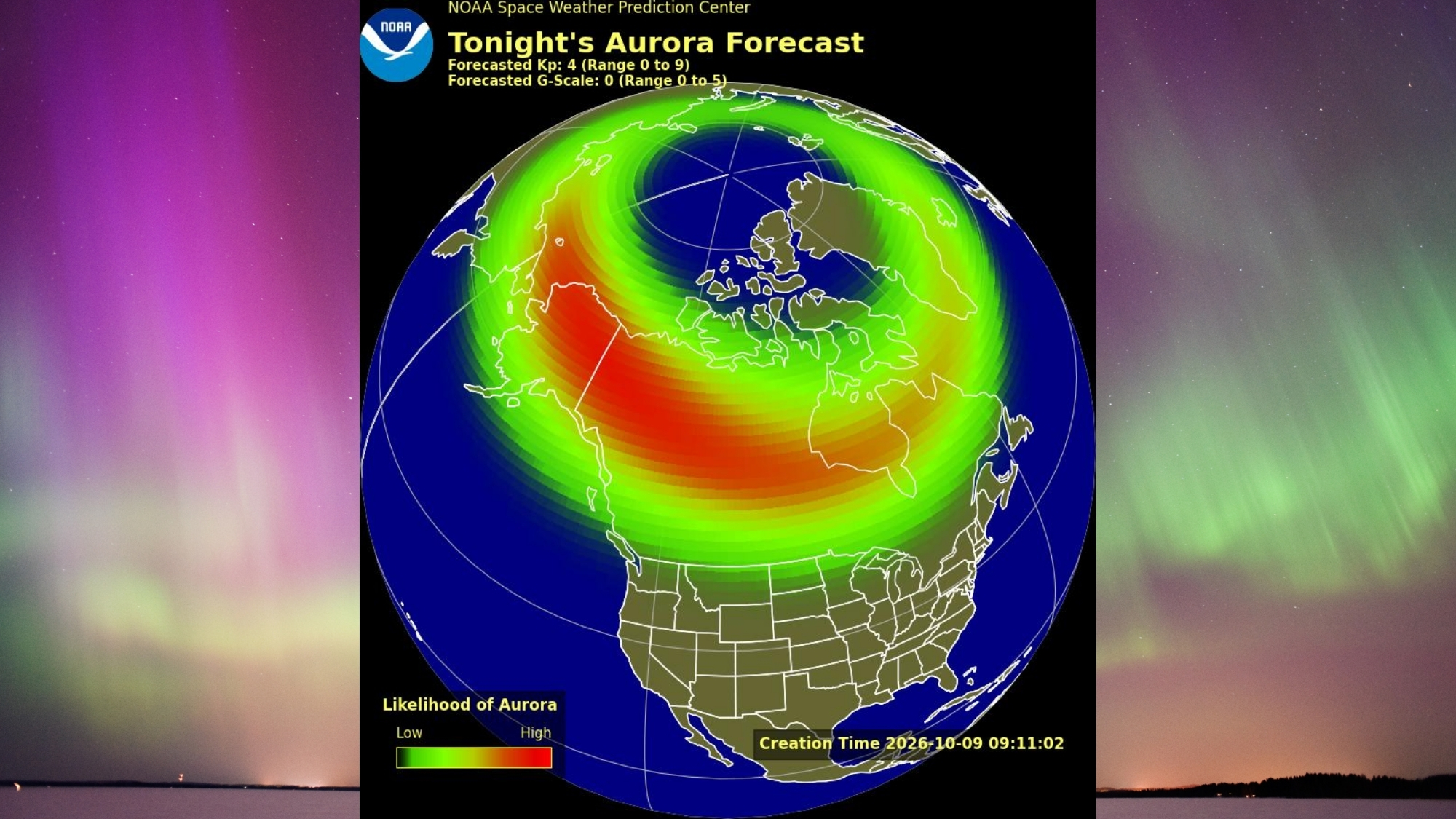 map showing possible visibility of the Northern Lights over the United States. in the background are bright green and magenta auroras.