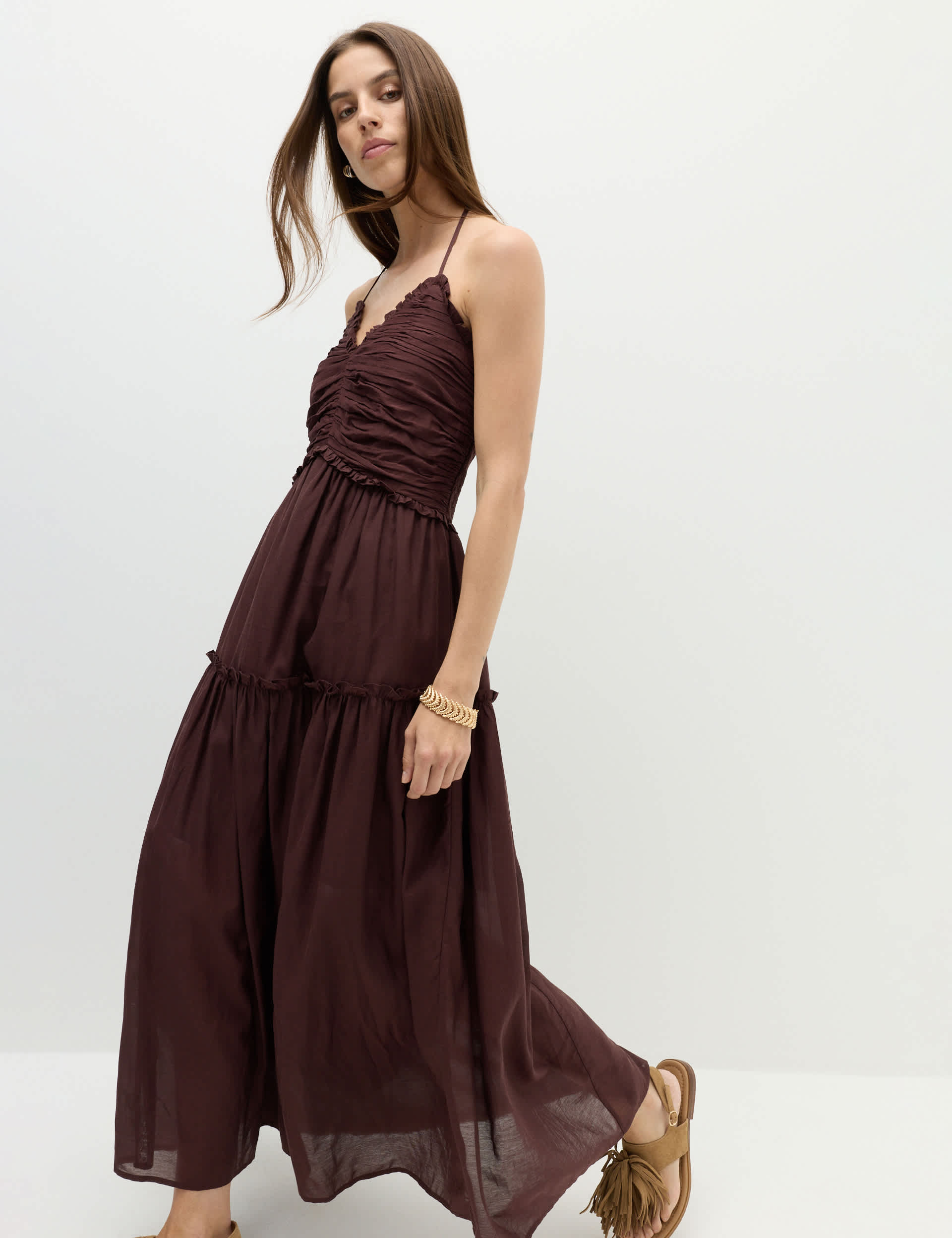 Cotton Rich Ruched Midaxi Waisted Dress