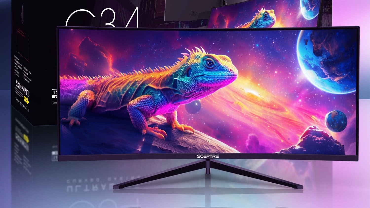 Sceptre C345B-QUT168 box and monitor, featuring an image of a lizard on an asteroid