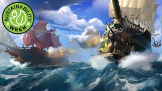 A shot of two ships from Sea of Thieves with TechRadar's Sustainability Week logo in the corner