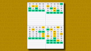 Quordle Daily Sequence answers for game 1043 on a yellow background