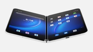 Surface Duo 2-mobil med de dubbla skärmar öppnade och som visar skrivbord och appar