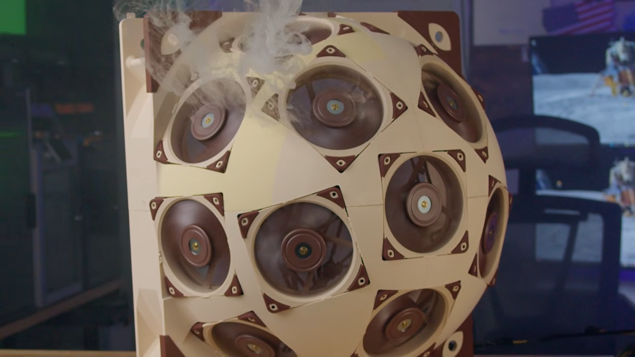 A picture of Major Hardware's Superdome, a PC side panel made out of fifteen Noctua fans