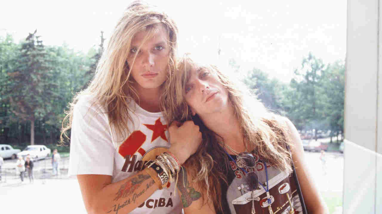 Skid Row&amp;rsquo;s Sebastian Bach and Dave &amp;lsquo;Snake&amp;rsquo; Sabo posing for a photograph in 1989