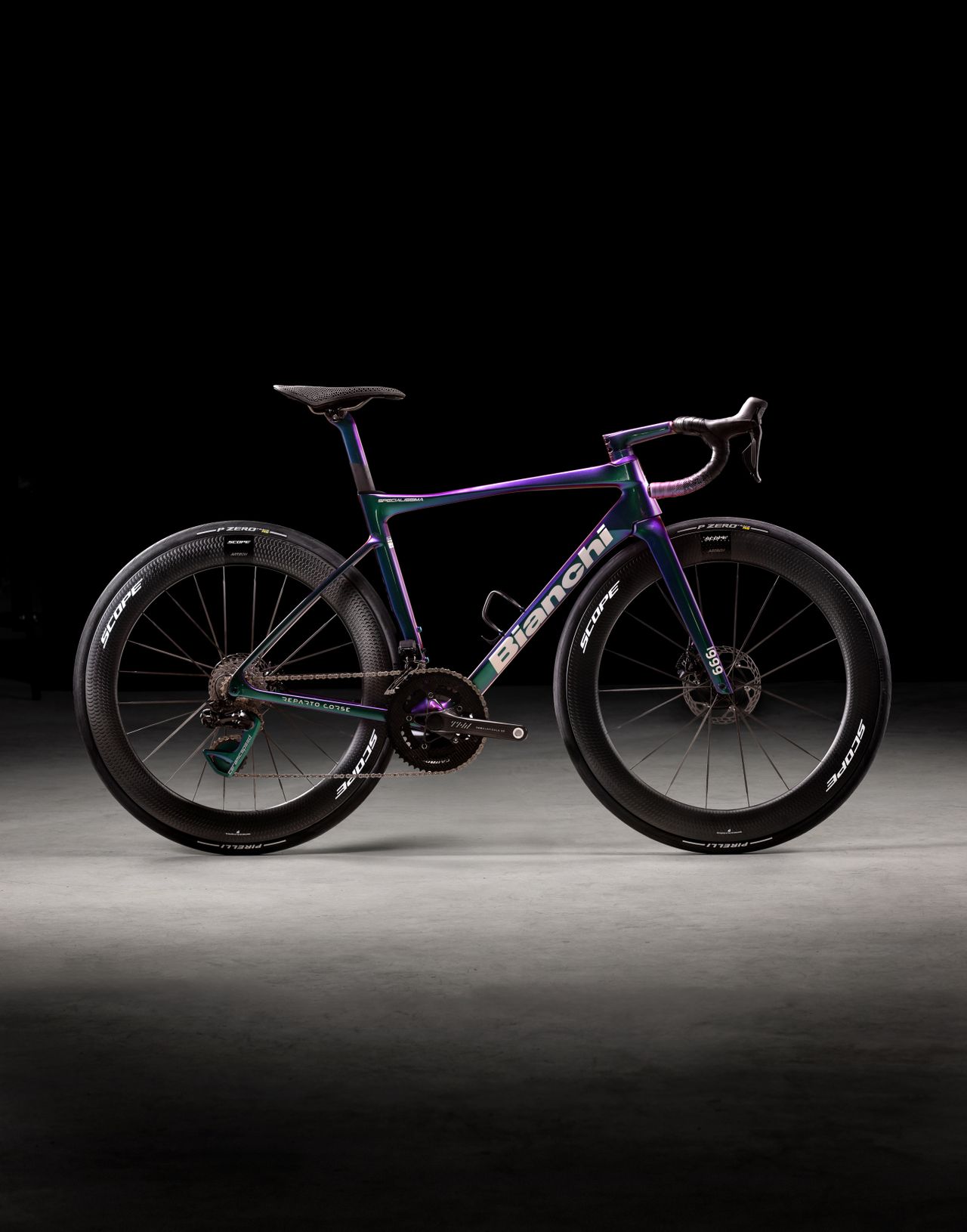 studio beauty shots of Bianchi road racing bike shown against black